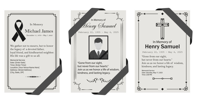 A set of elegant and minimalist funeral or memorial card templates featuring black ribbons, symbolic illustrations, and customizable text. Ideal for memory in printed or digital funeral programs.
