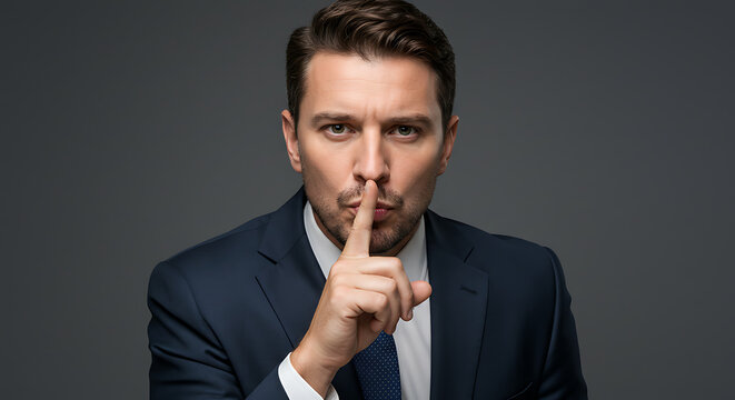 Serious Businessman Gesturing Silence Professional Confidentiality and Discretion