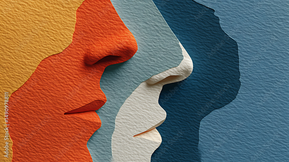 Poster Paper cutout profiles showcase subtle nuances of shape and color. Each layer creates depth and a unique aesthetic. Abstract portraiture with textured surfaces.