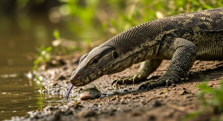 Intricate Details of a Monitor Lizard Catching Fish in a Murky River