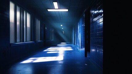 Eerie Hallway with Light Beams Creating a Dramatic Visual Storytelling