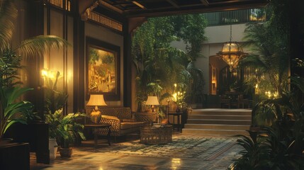 Obraz premium Indoor Tropical Retreat: A Luxurious Interior with Lush Greenery and Ambient Lighting