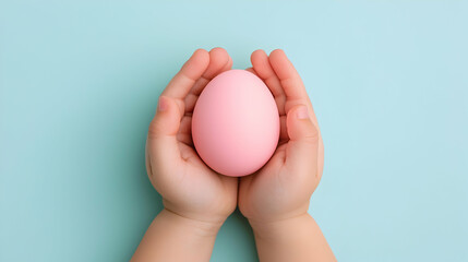 Small Pink Egg Held Gently in Child's Hands Against a Light Blue Background