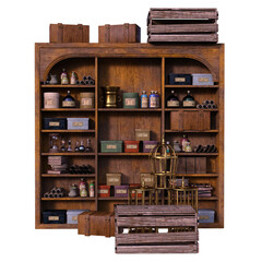 3D rendered witch's furniture wooden shelves with potions isolated on transparent background