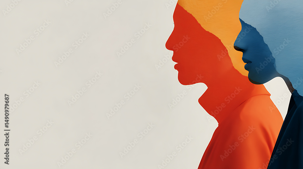 Poster abstract portrait of several faces in vibrant colors. the layers create a sense of depth and connect