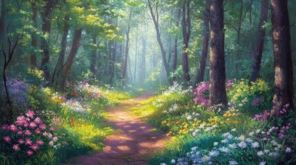 Obraz premium Sunlit path through a vibrant, flower-filled forest.