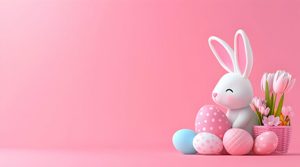 Obraz premium Adorable Easter Bunny with Pink Tulips and Pastel Eggs