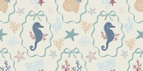 Hand-drawn Pastel Marine Seamless Pattern in the form of frames with bows. Vector lace pattern with Starfish, Coral,seahorse, seashell. Coquette style. Design for baby print, fabric, wrapping paper © Kapalakus