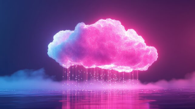 Neon pink cloud raining data on reflective surface.