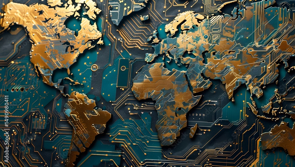 Poster tech world map: golden continents on circuit board background - global network, technology, and conn