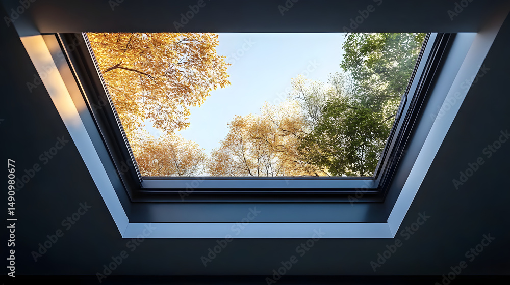 Poster skylight window featuring a modern black frame and open position, ideal for ventilation and daylight