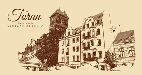 City ancient architecture, Torun, Poland. Vintage brown and beige graphics, engraved, vector. Old retro design.