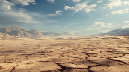 Serene arid landscape showcasing cracked earth and distant mountain range