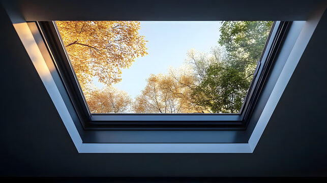 Skylight window featuring a modern black frame and open position, ideal for ventilation and daylight enhancement. 3D Rendering