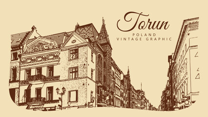 City ancient architecture, Torun, Poland. Vintage brown and beige graphics, engraved, vector. Old retro design.