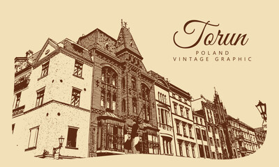 City ancient architecture, Torun, Poland. Vintage brown and beige graphics, engraved, vector. Old retro design.
