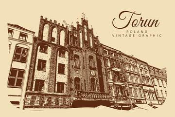 City ancient architecture, Torun, Poland. Vintage brown and beige graphics, engraved, vector. Old retro design.