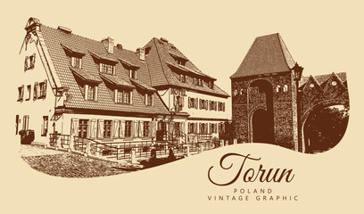 City ancient architecture, Torun, Poland. Vintage brown and beige graphics, engraved, vector. Old retro design.