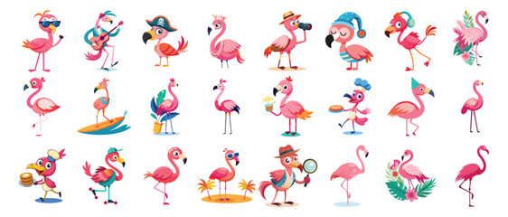 Diverse Cartoon Flamingos Clipart Set - 24 Unique and Playful Flamingo Illustrations for Tropical Designs © Pixel Art