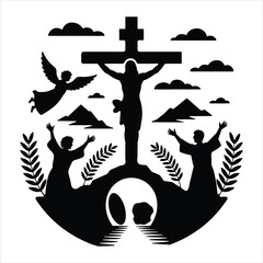 Christian Resurrection and Crucifixion Silhouette Vector for Easter, Faith, and Religious Worship Designs