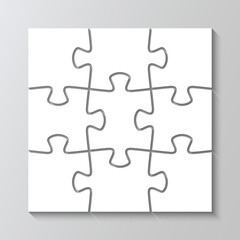 Puzzle 3x3 grid elements. Jigsaw layout with 9 pieces. Modern puzzle background. Thinking game with separate shapes. Simple mosaic. Laser cut frame. Vector illustration.
