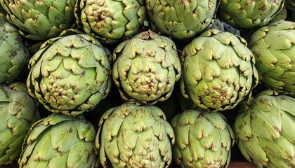 Fototapeta premium Healthy food background,texture - A detailed view of fresh green artichokes with layered leaves forming intricate patterns, displayed in a market or store with vibrant natural textures.