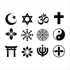 Religious Symbols Collection Featuring Cross, Star of David, Crescent Moon, and Om Icons