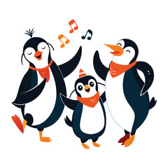 Cartoon Penguin Family Singing and Dancing – Cute Winter Animal Characters in Festive Holiday Scene for Kids and Christmas Designs