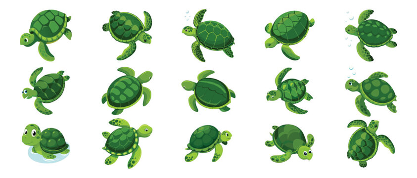 Cartoon Turtle Vector Set &ndash; Cute Green Sea Tortoise Characters in Swimming and Floating Poses for Kids and Educational Designs