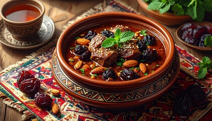 Sweet and savory Moroccan lamb tagine with prunes, almonds, and sesame seeds