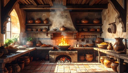 Tagine cooking over coals in a traditional Moroccan kitchen