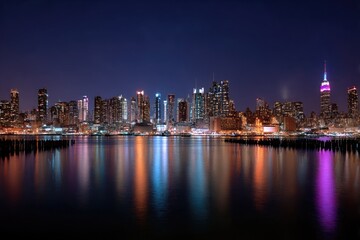 Fototapeta premium Urban Skyline at Night with Water Reflection and City Building Lights