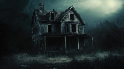 Gloomy Victorian: An abandoned and haunted house in a misty twilight scene