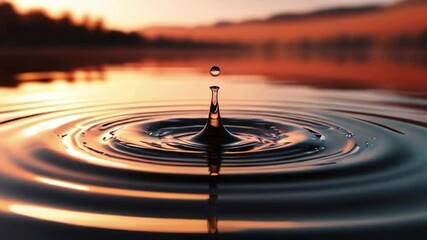 Water drop hitting the surface, generating gentle, spreading ripples in the golden water of the lake in the sunset, sunrise, created with generative ai