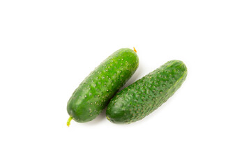 Cucumber isolated on white background. Slice of cucumber on white background. Fresh organic green cucumbers. Vegan. Ingredient for salad. Farm vegetables.