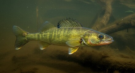 Fototapeta premium Underwater Portrait of a Walleye Fish in its Natural Habitat Setting
