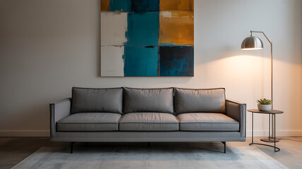Modern gray sofa with abstract art and floor lamp