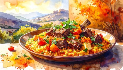 Watercolor painting of traditional Algerian couscous with tender vegetables