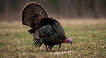 Magnificent Male Turkey Displaying Feathers While Foraging on Grassland