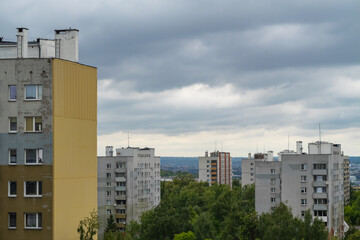 View of residential tower blocks built with prefabricated concrete panels, typical for Eastern...