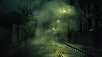 Naklejka premium Atmospheric urban scenery with eerie fog cascading through a dark road