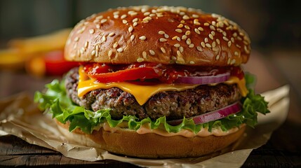Close up of a hamburger with sesame seed bun lettuce tomato cheese and red onion on brown paper