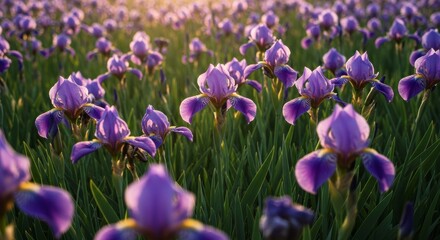 Serene field of purple iris flowers bathed in soft sunlight creating a natural and peaceful floral landscape