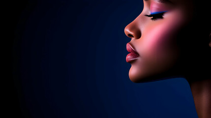Obraz premium Profile Portrait of a Young Woman with Blue and Pink Makeup Against a Dark Blue Background