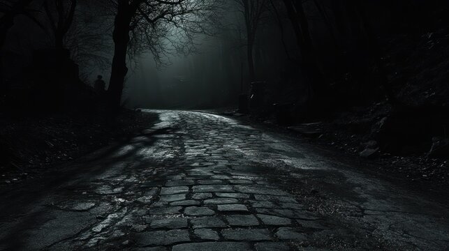 Mysterious night: A weathered cobblestone path winding through a dark landscape