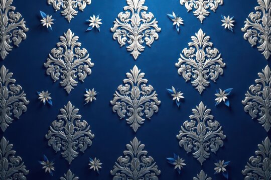 Symmetrical arabesque damask pattern in rich navy blue and silver , graphics, motif, design
