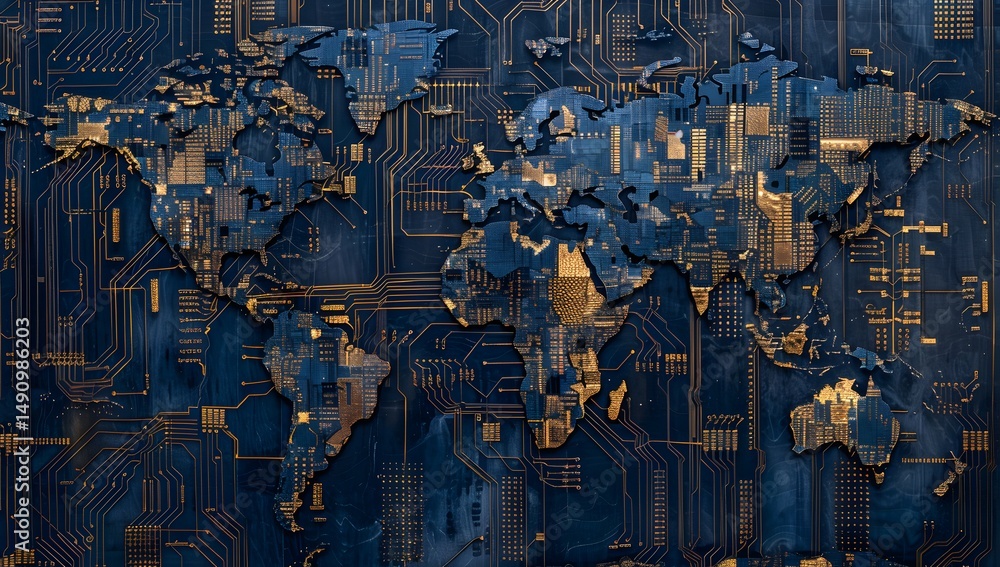 Aufkleber digital world map circuit board technology background - global connection and innovation