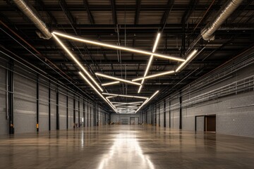 Warehouse interior with concrete floor, gray brick wall, and modern light fixtures