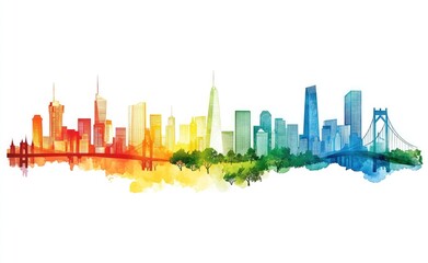 Naklejka premium Watercolor Skyline, Cityscape with Colorful Buildings, Bridge and Trees on White