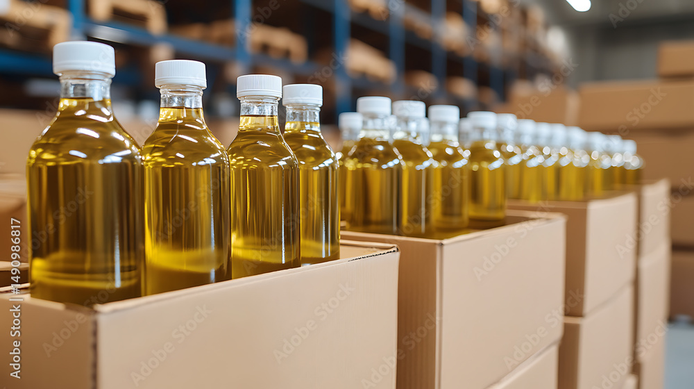 Poster bottles filled with liquid sit on boxes. the setting suggests a distribution or storage point, with 